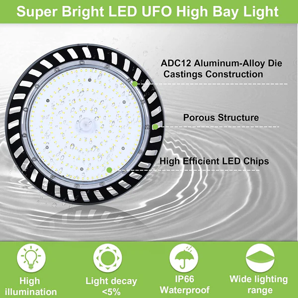 Paquete de 2 luces LED UFO de 150 W para bahía alta, 5000 K, 19 500 lm, 120 V [equivalente a 175 W/250 W MH/HPS] 