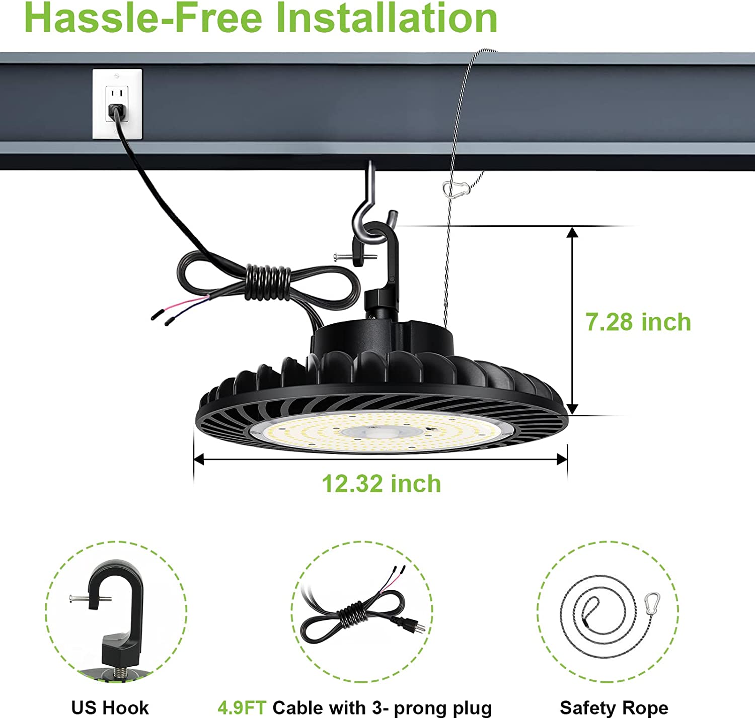 150W LED UFO High Bay Light, 5000K 19,500lm 1-10V Regulable 5000K 5' Cable con enchufe de EE. UU., 100-277V 