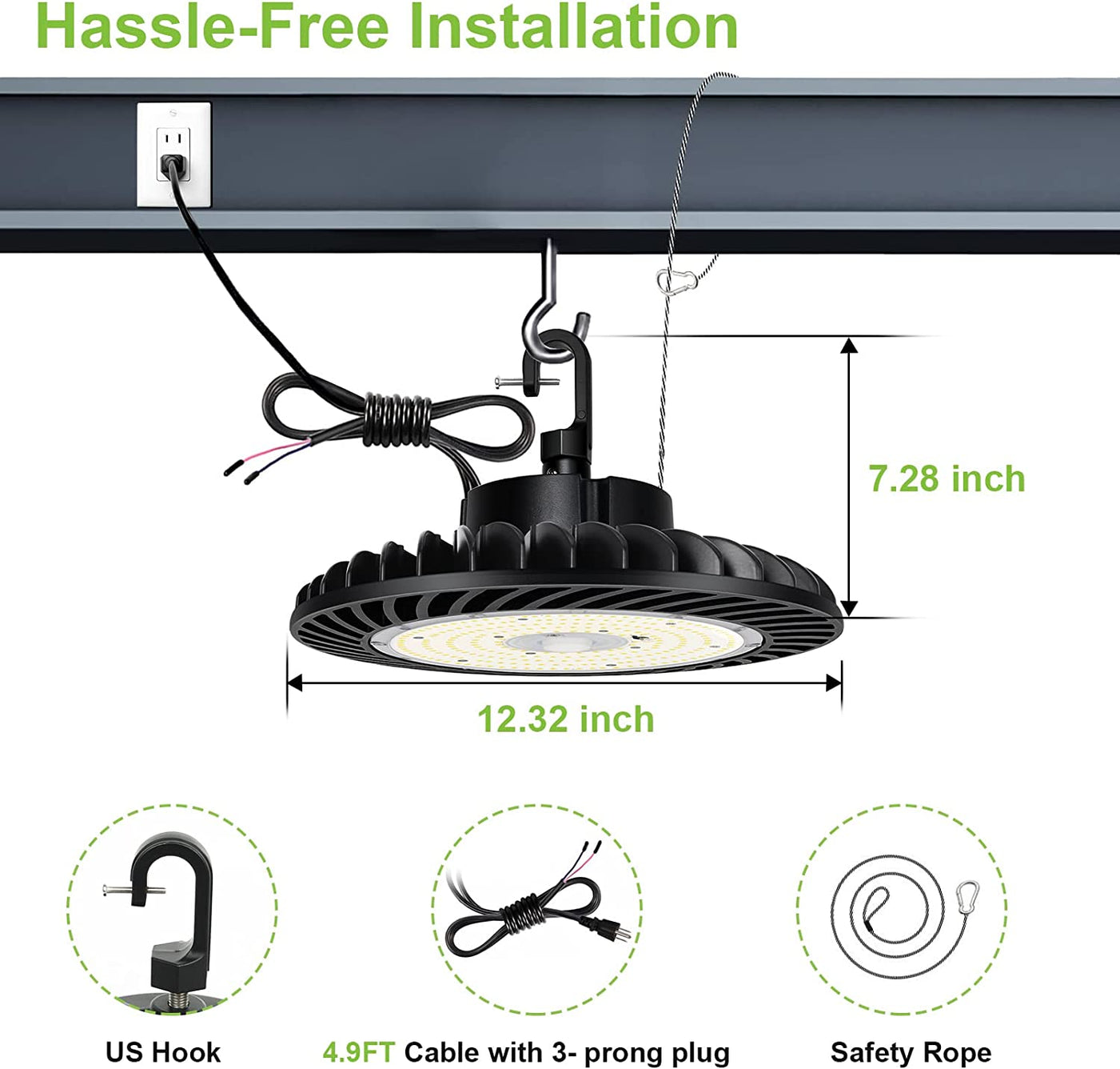 150W LED UFO High Bay Light, 5000K 19,500lm 1-10V Regulable 5000K 5' Cable con enchufe de EE. UU., 100-277V 