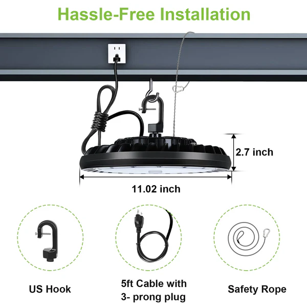 Paquete de 2 luces LED UFO de 150 W para bahía alta, 5000 K, 19 500 lm, 120 V [equivalente a 175 W/250 W MH/HPS] 
